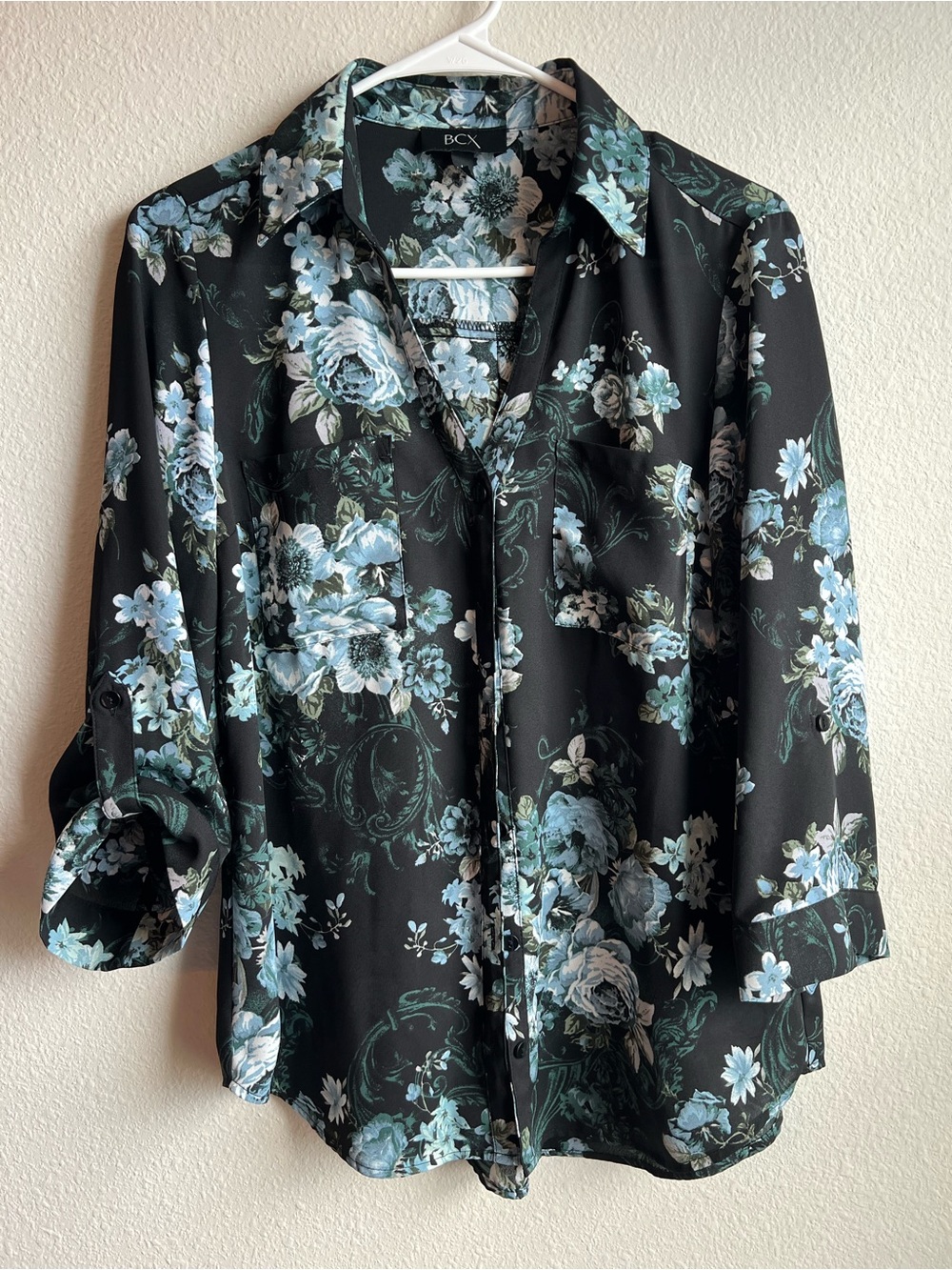 BCX Black Blouse with Blue-Green Floral Print